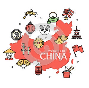 China Design Template Line Icon Welcome Concept and Map. Vector