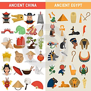 China and Egypt great civilizations color flat icons set photo