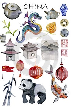 China, element, teapot, housing, flashlight, red, bamboo, carp, fish, gold, vase, coin, sign, flag