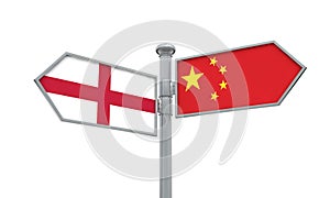 China and England flag sign moving in different direction. 3D Rendering