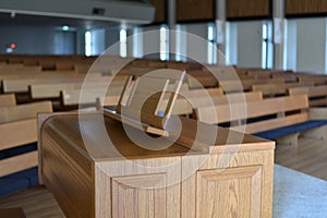 Solemn church and wood-grained pipe organ photo
