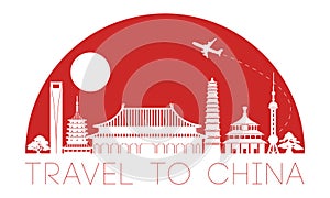 China famous landmark silhouette and dome with red color style, welcome to china,travel and tourism
