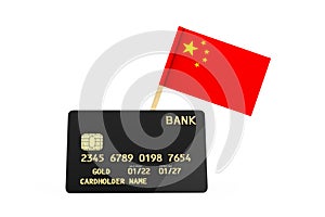 China Flag and Black Plastic Golden Credit Card with Chip. 3d Rendering