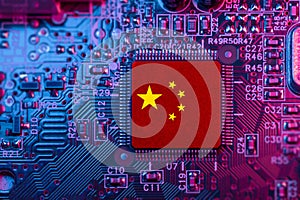 China flag on Computer Chip for Chip War Concept. Global chipmakers CPU Central processing Unit Microchip on Motherboard Republic