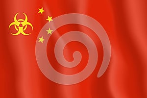 China Flag and Epidemic Sign. Biohazard sign on chinece flag. Concept of coronavirus epidemy in China. 3D vector illustration