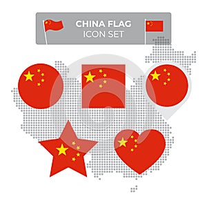 China flag icons set in the shape of square, heart, circle, stars and pointer, map marker. Mosaic map of china. Chinese flag