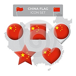 China flag icons set in the shape of square, heart, circle, stars and pointer, map marker. Mosaic map of china. Chinese flag