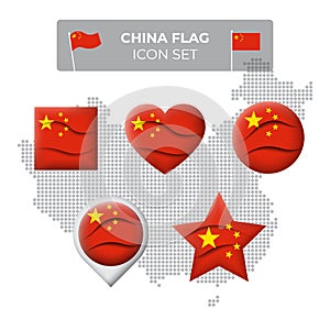 China flag icons set in the shape of square, heart, circle, stars and pointer, map marker. Mosaic map of china. Waving in the wind