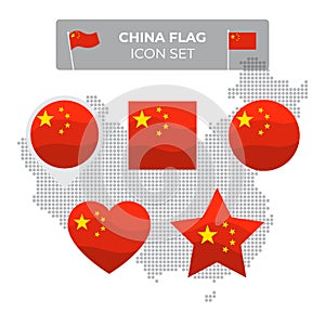 China flag icons set in shape of square, heart, circle, stars and pointer, map marker. Mosaic map china. Vector flat symbol, icon