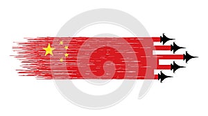 China flag with  military fighter jets isolated   background