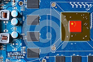 China flag on a processor, central processing unit CPU or GPU microchip on a motherboard or graphic card. Concept for the battle