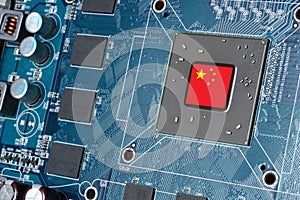 China flag on a processor, central processing unit CPU or microchip on a motherboard. Concept for the battle of global microchips