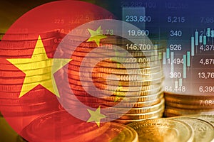 China flag with stock market finance, economy trend graph digital technology