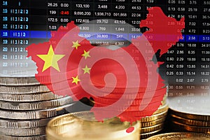China flag with stock market finance, economy trend graph digital technology