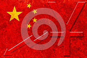 China flag with yuan chinese currency symbol and downside graph on rustic background
