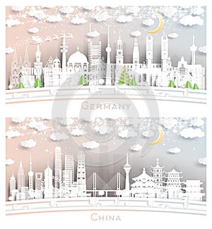 China and Germany City Skyline Set in Paper Cut Style