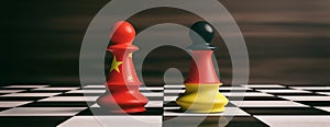 China and Germany flags on chess pawns on a chessboard. 3d illustration