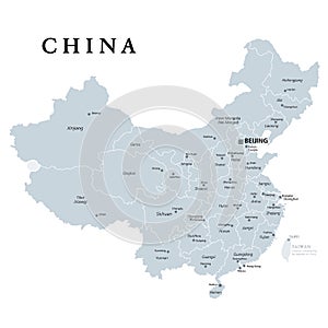 China, gray political map, provinces, administrative divisions
