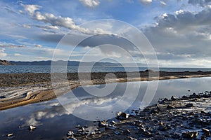 China. Great lakes of Tibet. Lake Teri Tashi Namtso in summer evening under a cloudy sky