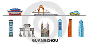 China, Guangzhou flat landmarks vector illustration. China, Guangzhou line city with famous travel sights, skyline