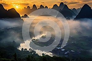 China Guilin Yangshuo landscape scenery at sunrise with fog, AI Generated