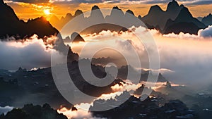 China Guilin Yangshuo landscape scenery at sunrise with fog, AI Generated