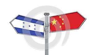 China and Honduras flag sign moving in different direction. 3D Rendering