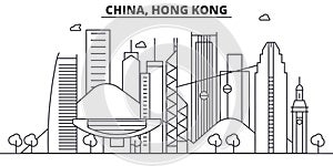 China, Hong Kong architecture line skyline illustration. Linear vector cityscape with famous landmarks, city sights