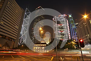 China Hong Kong illuminated skyscrapers and blurred traffic