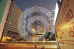 China Hong Kong illuminated skyscrapers and blurred traffic