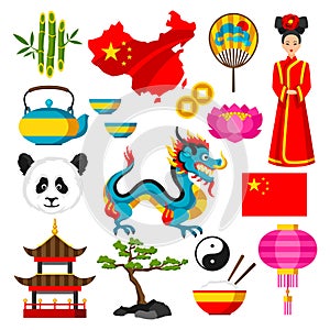 China icons set. Chinese symbols and objects