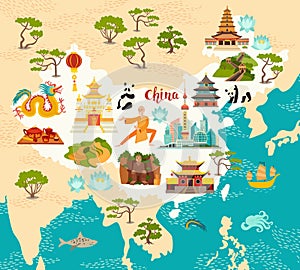 China illustrated map, hand drawn vector illustration for kid and children