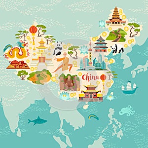 China illustrated map, hand drawn vector illustration for kid and children