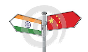 China and India flag sign moving in different direction. 3D Rendering