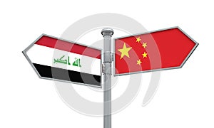 China and Iraq flag sign moving in different direction. 3D Rendering