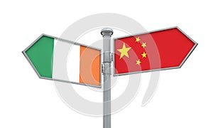 China and Ireland flag sign moving in different direction. 3D Rendering