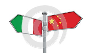 China and Italy flag sign moving in different direction. 3D Rendering