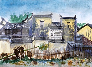 China jiangxi village watercolor