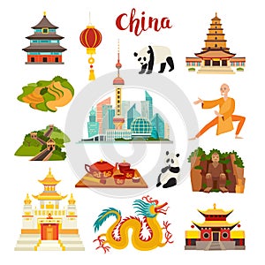 China landmarks vector icons set
