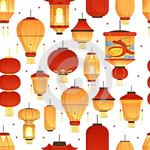 China lanterns pattern. Asian traditional new year colored paper symbols chinese dragon vector seamless illustration