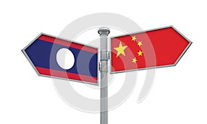 China and Laos flag sign moving in different direction. 3D Rendering