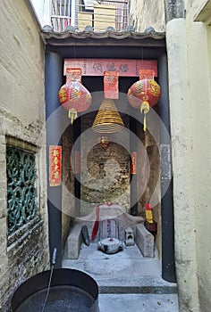 China Macau Antique Altar Stone Structure Shrine for the Local God of Land Calligraphy Rua das Estalagens Earth Temple