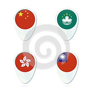 China, Macau, Hong Kong, Taiwan flag location map pin icon