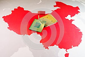 China made CPU chips on a Chinese red map