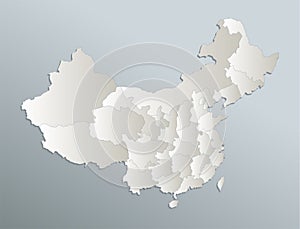 China map, administrative division, blue white card paper 3D blank