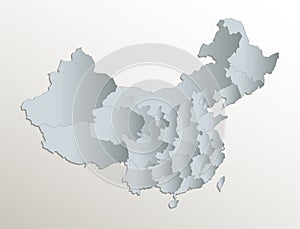 China map, administrative division, white blue card paper 3D blank