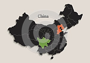 China map Black colors blackboard separate states individual