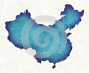 China map with drawn lines and blue watercolor illustration