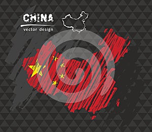 China map with flag inside on the black background. Chalk sketch vector illustration