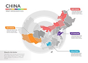 China map infographics vector template with regions and pointer marks